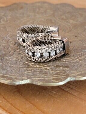 Vintage 50s Silver-Gold Tone Mesh Hoop Clip-on Earrings with Clear Rhinestones